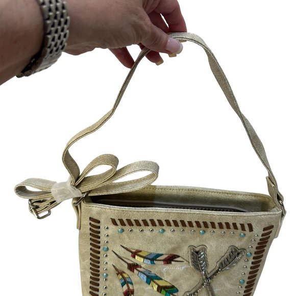 (7-198) Brand New w/Tag Western Theme Beige Shoulder Bag with Adjustable Strap - Picture 3 of 9